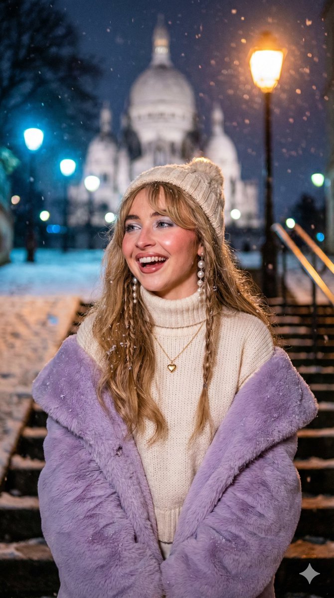 Sabrina Carpenter Inspired Snowy Paris Portrait Full Body — Nano Banana Pro image prompt example