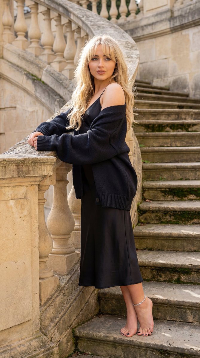 Sabrina Carpenter Neoclassical Stone Staircase Portrait — Nano Banana Pro image prompt example
