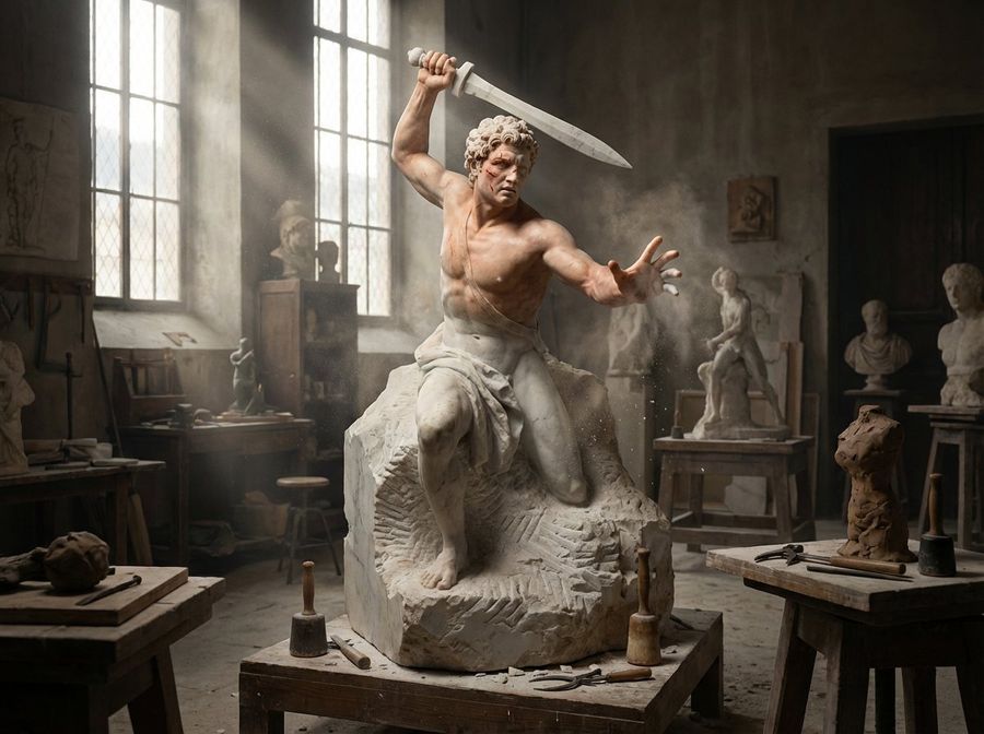 Sculptors Awakening Cinematic Scene Prompt — Nano Banana Pro image prompt example