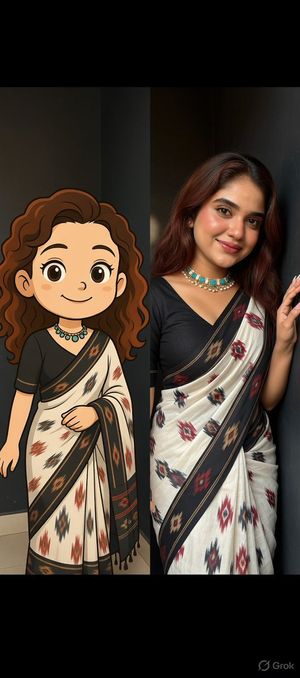 Side By Side Portrait Of Realistic Woman In Saree And Cartoon Younger Self — Nano Banana Pro image prompt example