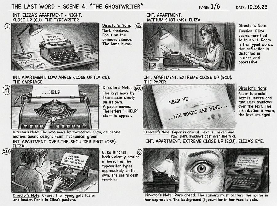 Six Panel Cinematic Storyboard Sketch — Nano Banana Pro image prompt example