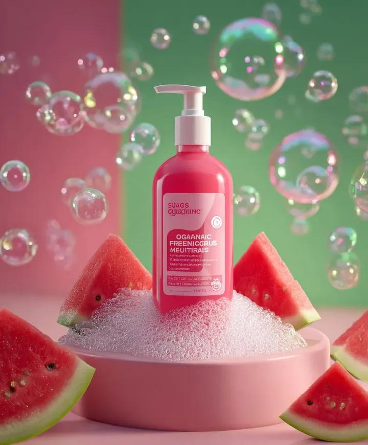 Skincare Product Advertisement With Watermelon And Bubbles — Nano Banana Pro image prompt example