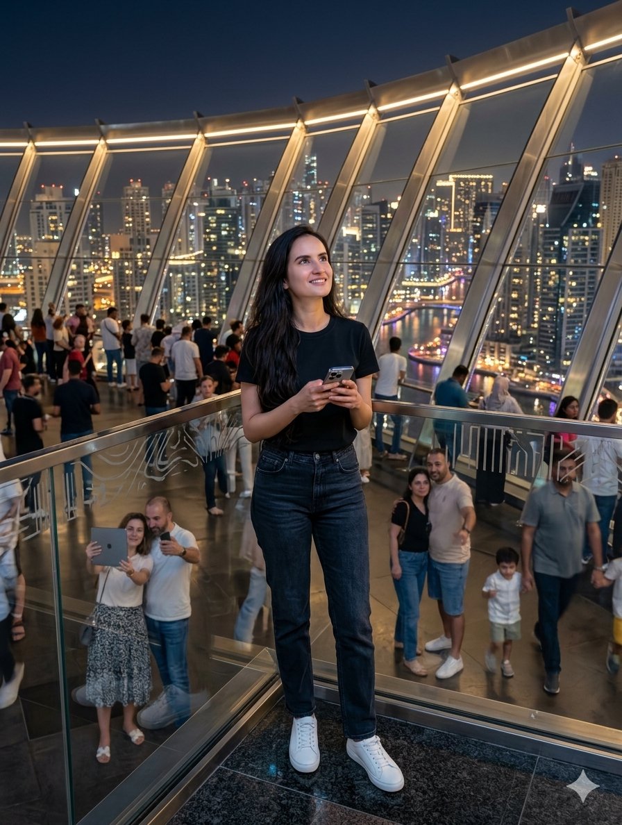 Skyscraper Balcony Skyline Portrait — Nano Banana Pro image prompt example