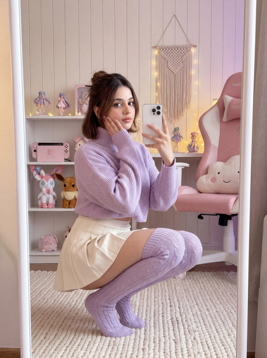 Soft Gamer Aesthetic Mirror Selfie In Lavender Light — Nano Banana Pro image prompt example