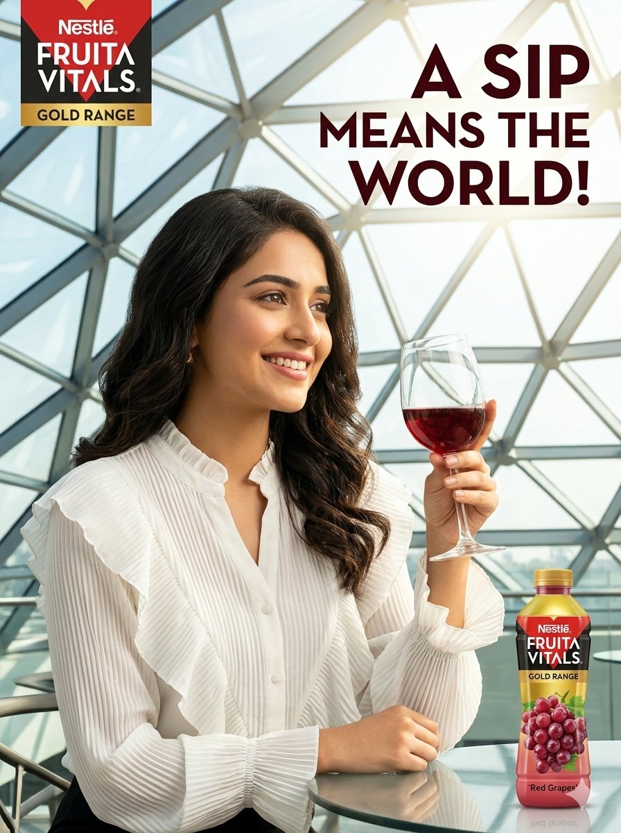 South Asian Woman Juice Advertisement — Nano Banana Pro image prompt example