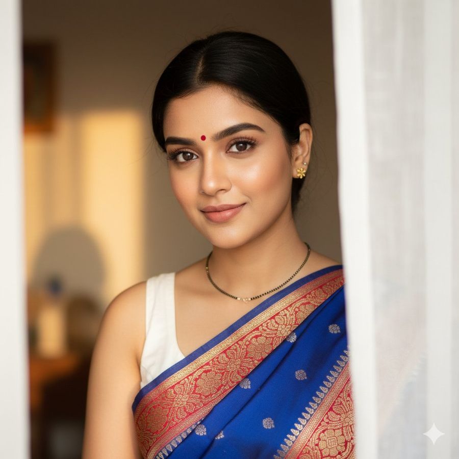South Asian Woman Portrait With Saree And Sheer Curtains — Nano Banana Pro image prompt example