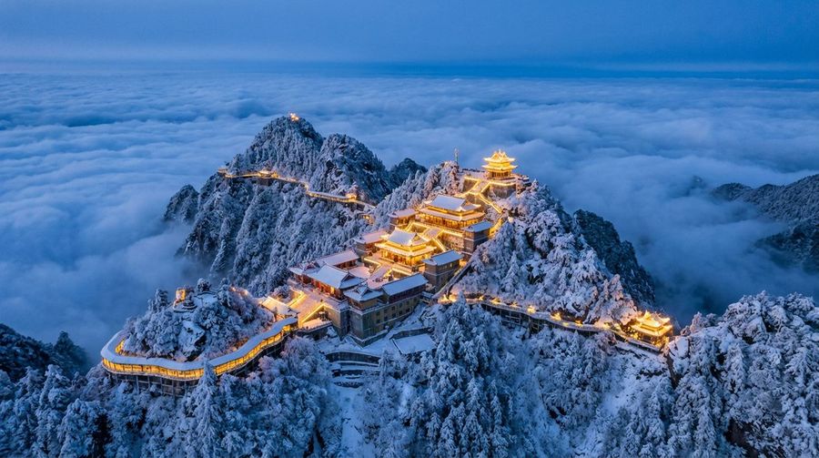 Spectacular Aerial View Of Laojun Mountain Temple In Winter — Nano Banana Pro image prompt example