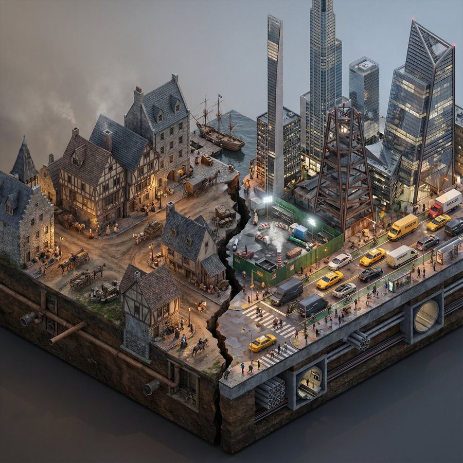 Split Era Urban Diorama Generation Prompt For Nano Banana Pro — Nano Banana Pro image prompt example