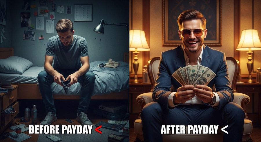 Split Scene Before And After Payday Prompt For Nano Banana Pro — Nano Banana Pro image prompt example