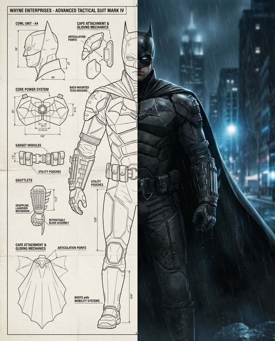 Split Screen Cinematic Batman Blueprint — Nano Banana Pro image prompt example
