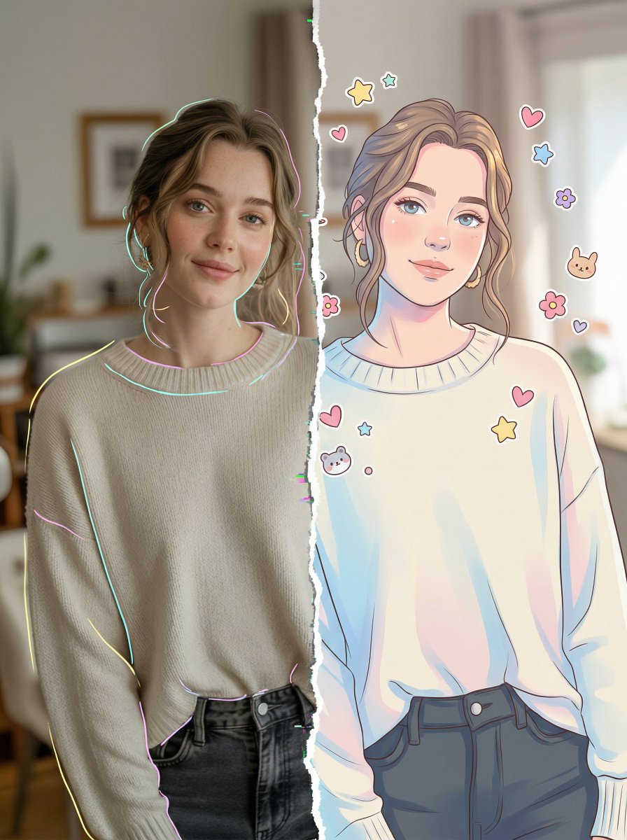 Split Style Portrait Photo Vs  Digital Illustration — Nano Banana Pro image prompt example