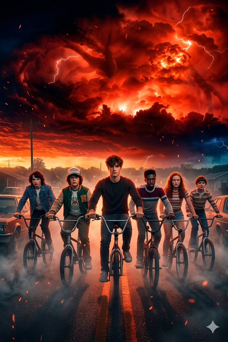 Stranger Things Action Selfie With Fish Eye Distortion — Nano Banana Pro image prompt example
