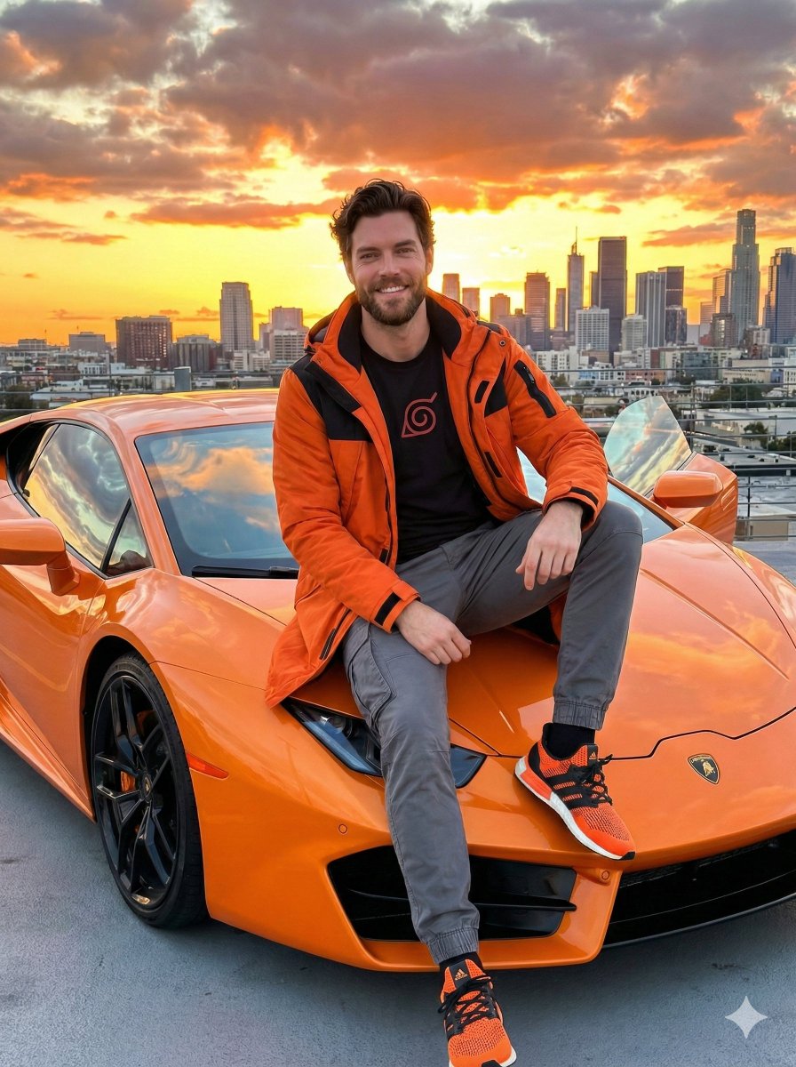 Streetwear Man On Lamborghini At Sunset — Nano Banana Pro image prompt example