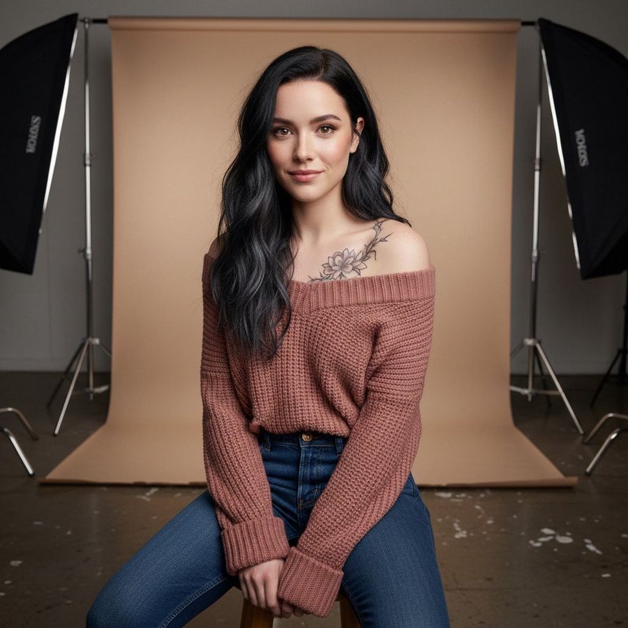 Studio Portrait With Tattoo And Chunky Knit Sweater Prompt — Nano Banana Pro image prompt example