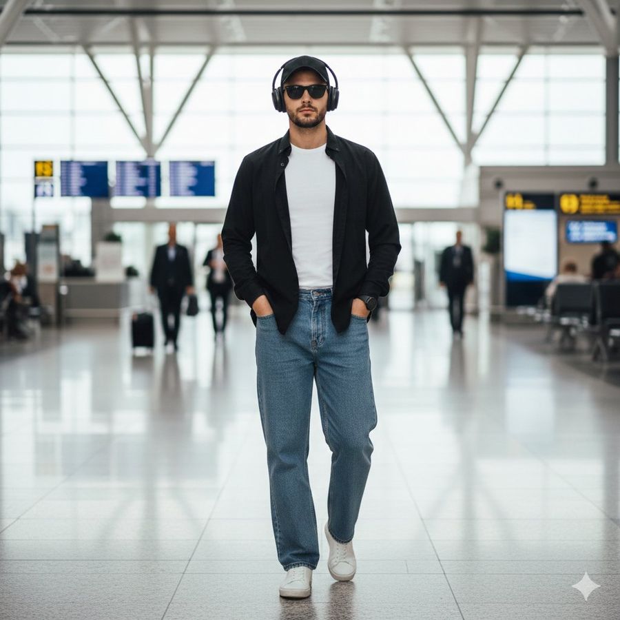 Stylish Man Walking Through Airport Terminal — Nano Banana Pro image prompt example
