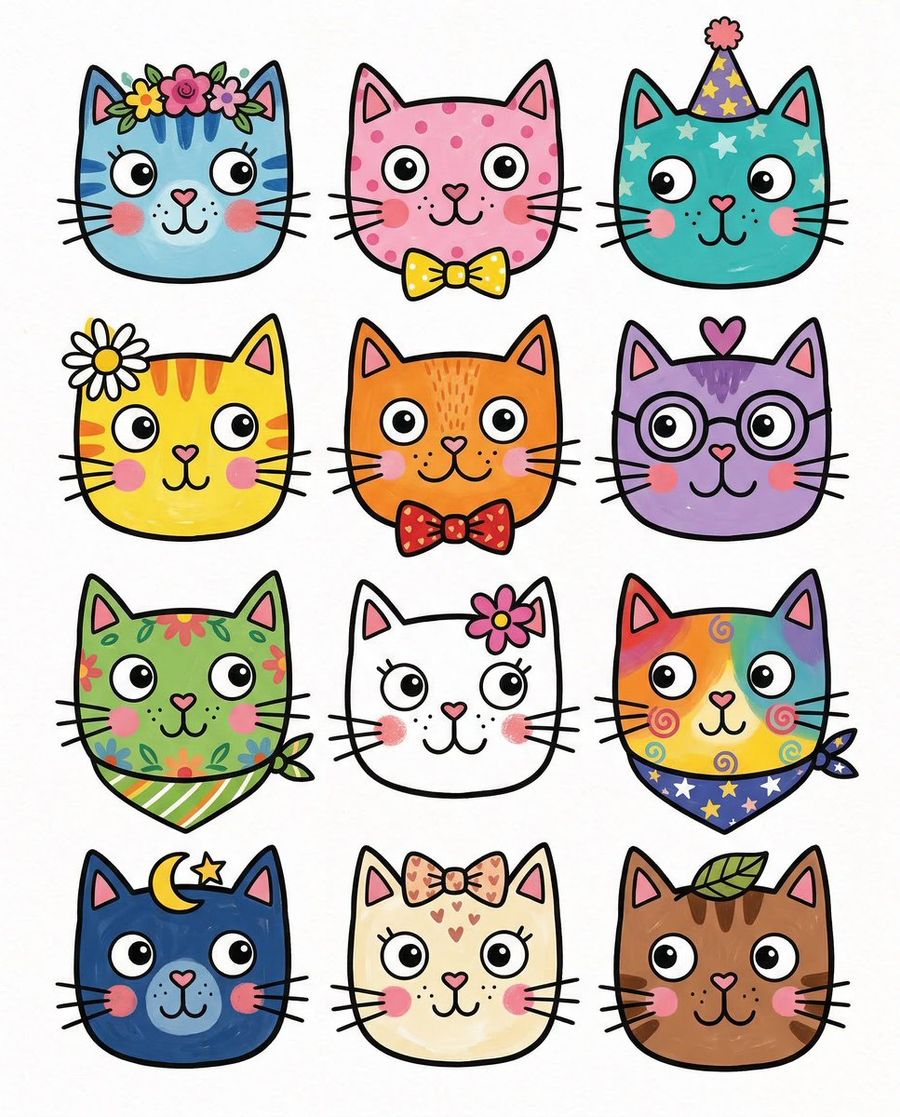 Stylized Grid Of Whimsical Cat Faces — Nano Banana Pro image prompt example