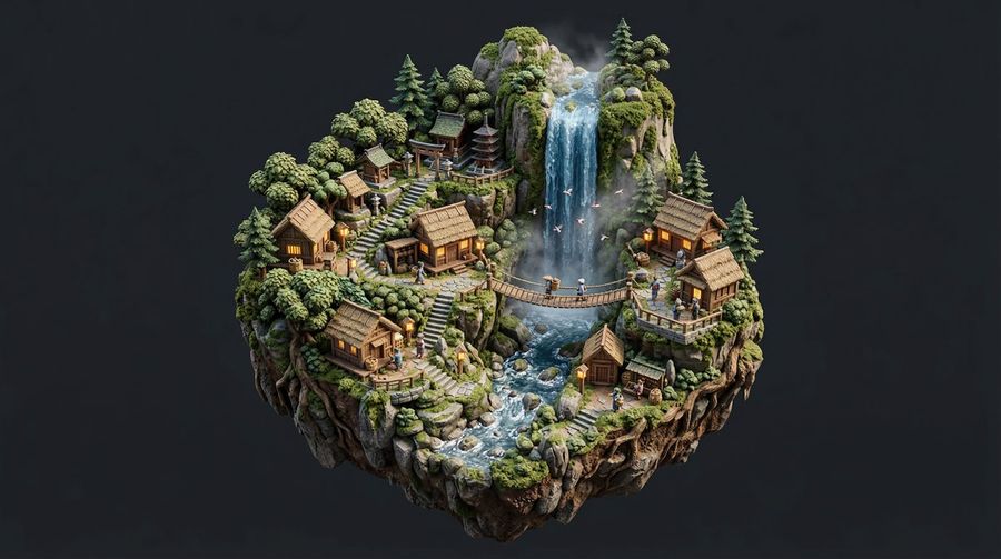 Stylized Miniature Diorama Of Forest Waterfall Village — Nano Banana Pro image prompt example