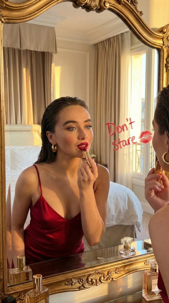 Sultry Red Lipstick Mirror Scene — Nano Banana Pro image prompt example