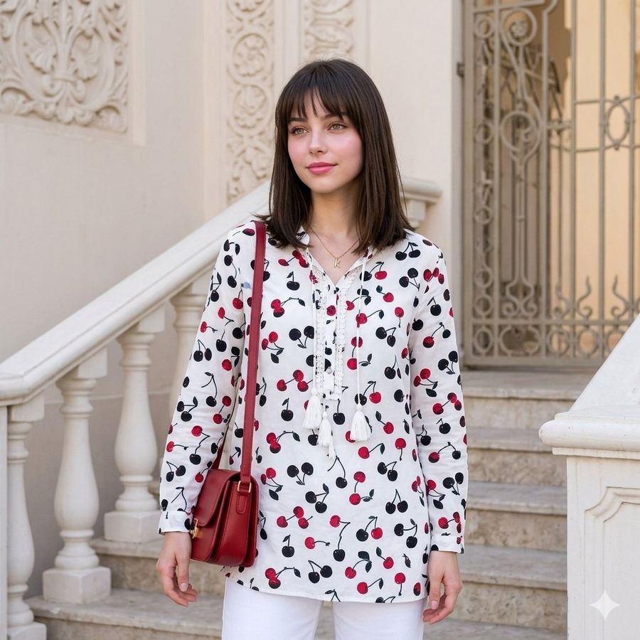 Summer Fashion White Tunic Portrait — Nano Banana Pro image prompt example