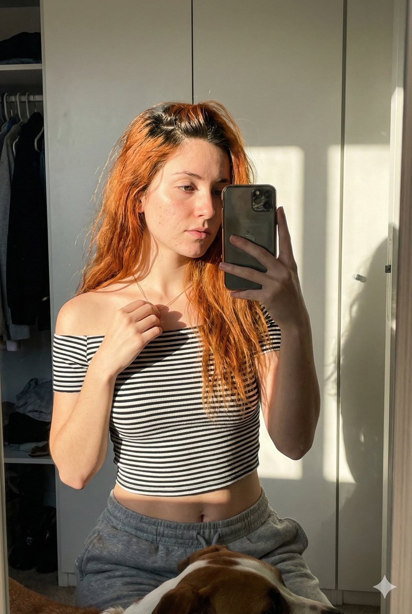 Sun Drenched Mirror Selfie With Dog In Foreground — Nano Banana Pro image prompt example