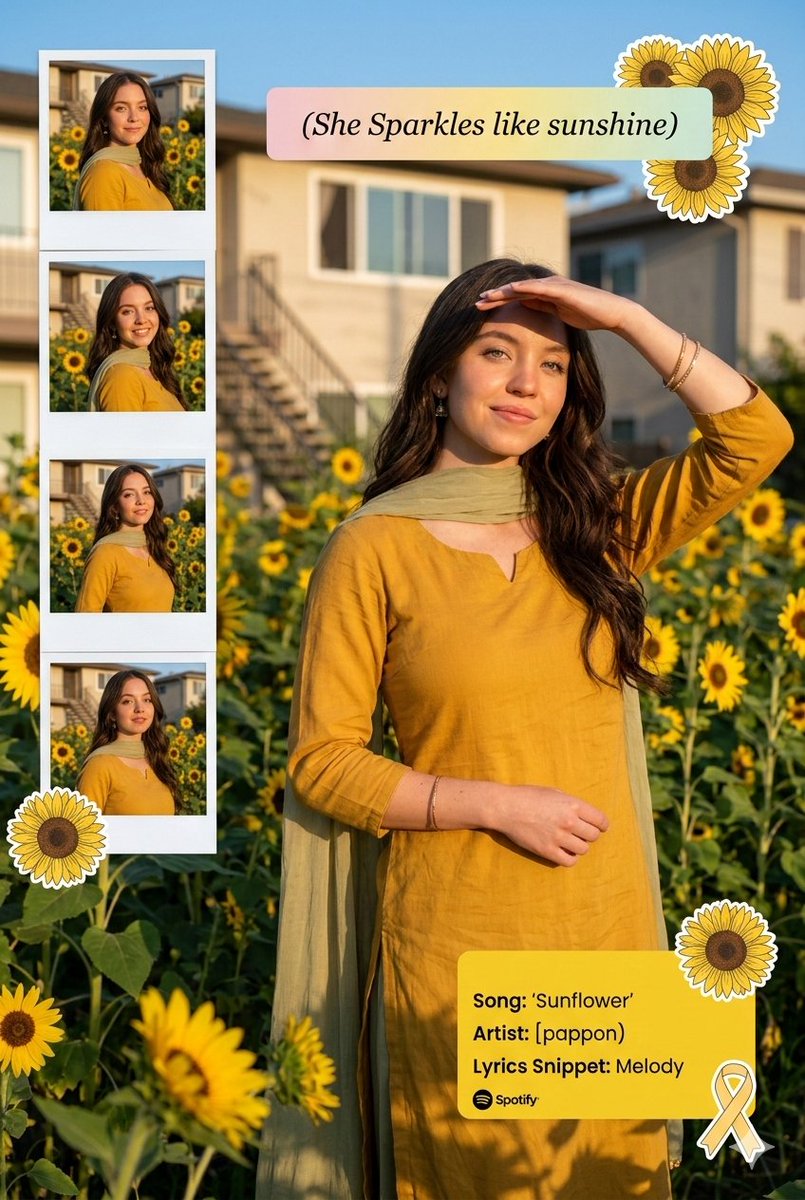 Sunflower Garden Portrait With Instagram Collage Overlay — Nano Banana Pro image prompt example