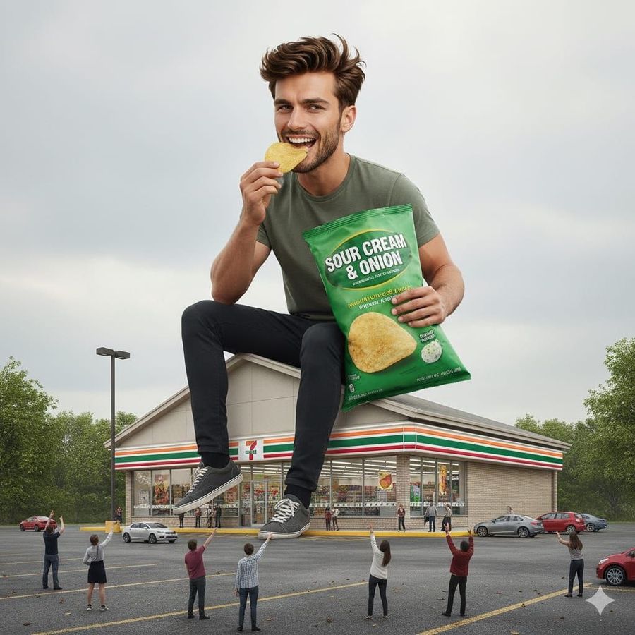 Surreal Advertising Scene Of A Giant Man Eating A Cheeseburger — Nano Banana Pro image prompt example