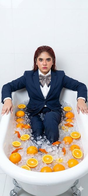 Surreal Bathtub Oranges Portrait — Nano Banana Pro image prompt example