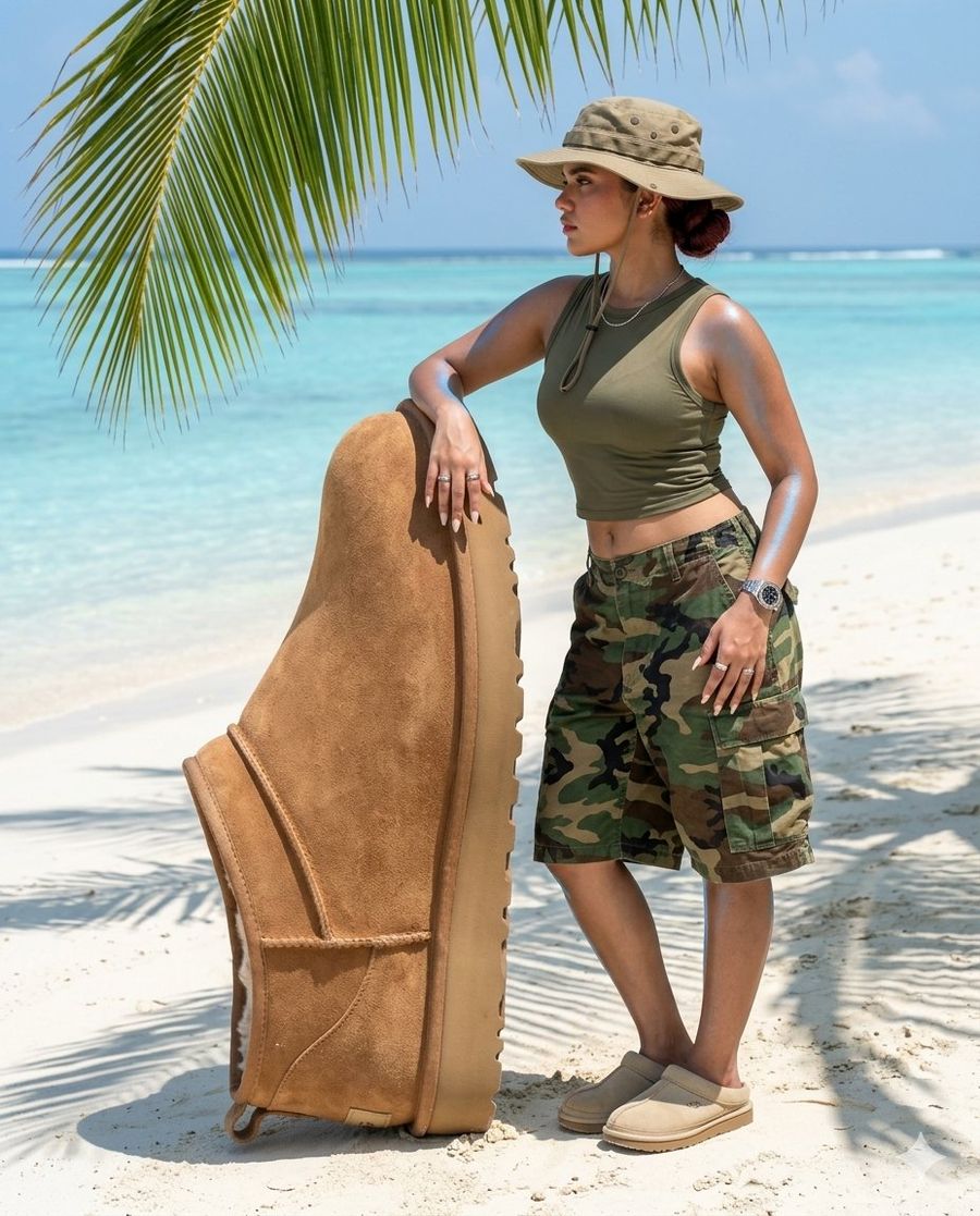 Surreal Beach Giant Boot Sculpture — Nano Banana Pro image prompt example