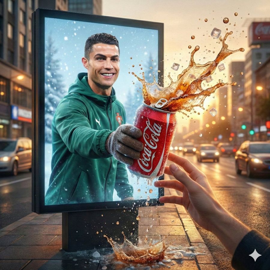 Surreal Billboard Advertisement With Hand Exchange — Nano Banana Pro image prompt example