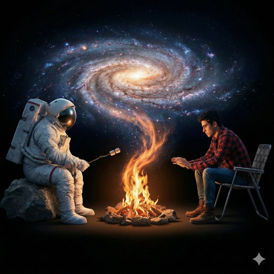 Surreal Cinematic Campfire In Cosmic Void — Nano Banana Pro image prompt example