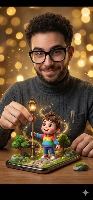 Surreal Cinematic Scene Man Emerging From Phone With Tiny Cartoon Boy — Nano Banana Pro image prompt example