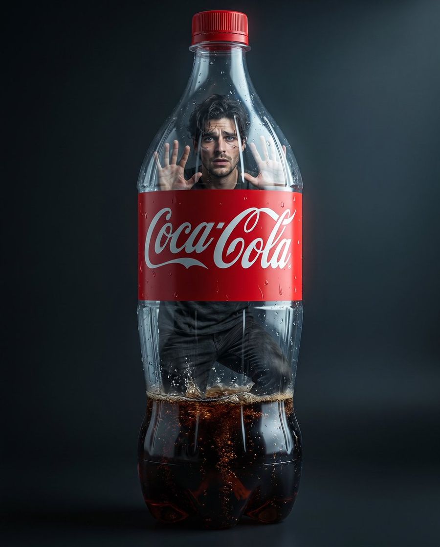 Surreal Coke Bottle Confinement Portrait — Nano Banana Pro image prompt example