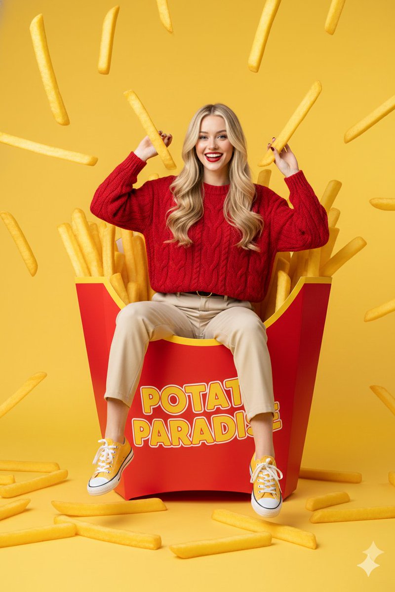 Surreal Commercial Photography Woman In Giant French Fry Carton — Nano Banana Pro image prompt example