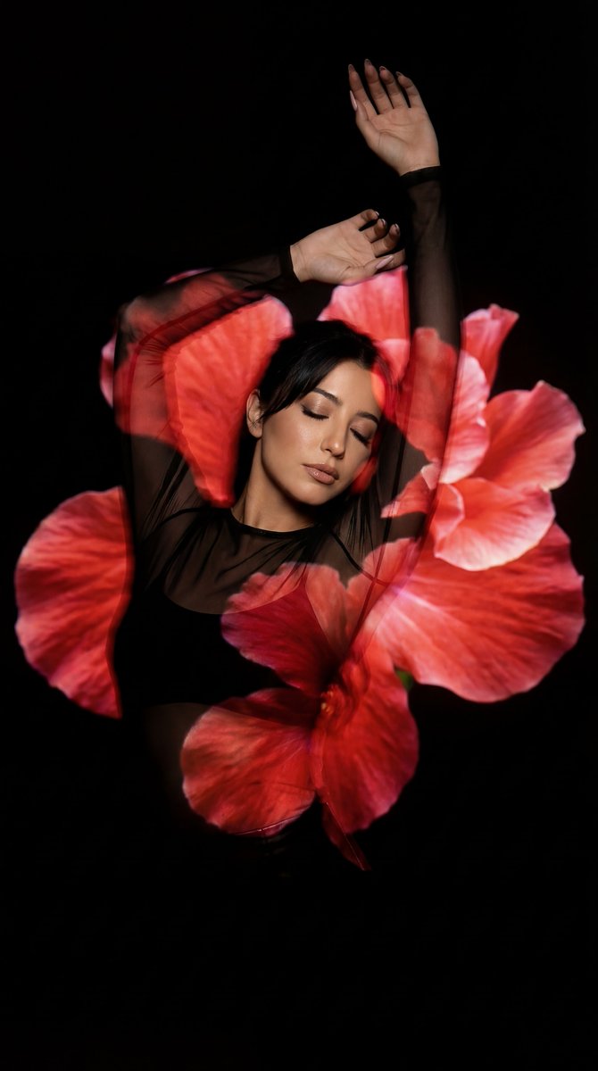 Surreal Fine Art Portrait With Red Flower Projection — Nano Banana Pro image prompt example