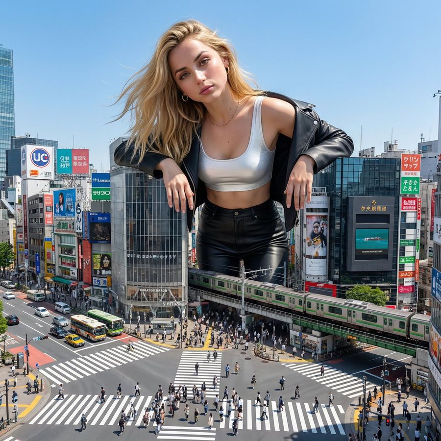 Surreal Giant Woman Over Tokyo Shibuya Crossing — Nano Banana Pro image prompt example