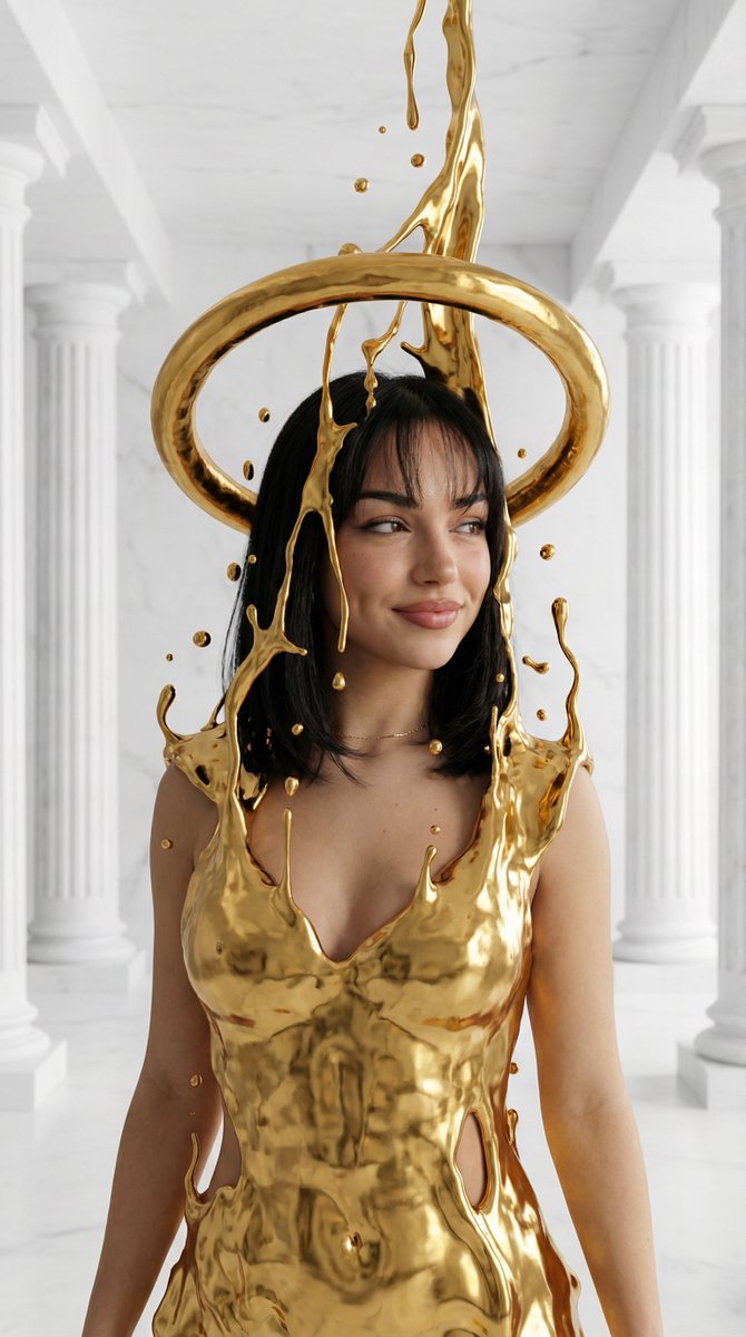 Surreal High Fashion Portrait With Liquid Gold And Classical Architecture — Nano Banana Pro image prompt example