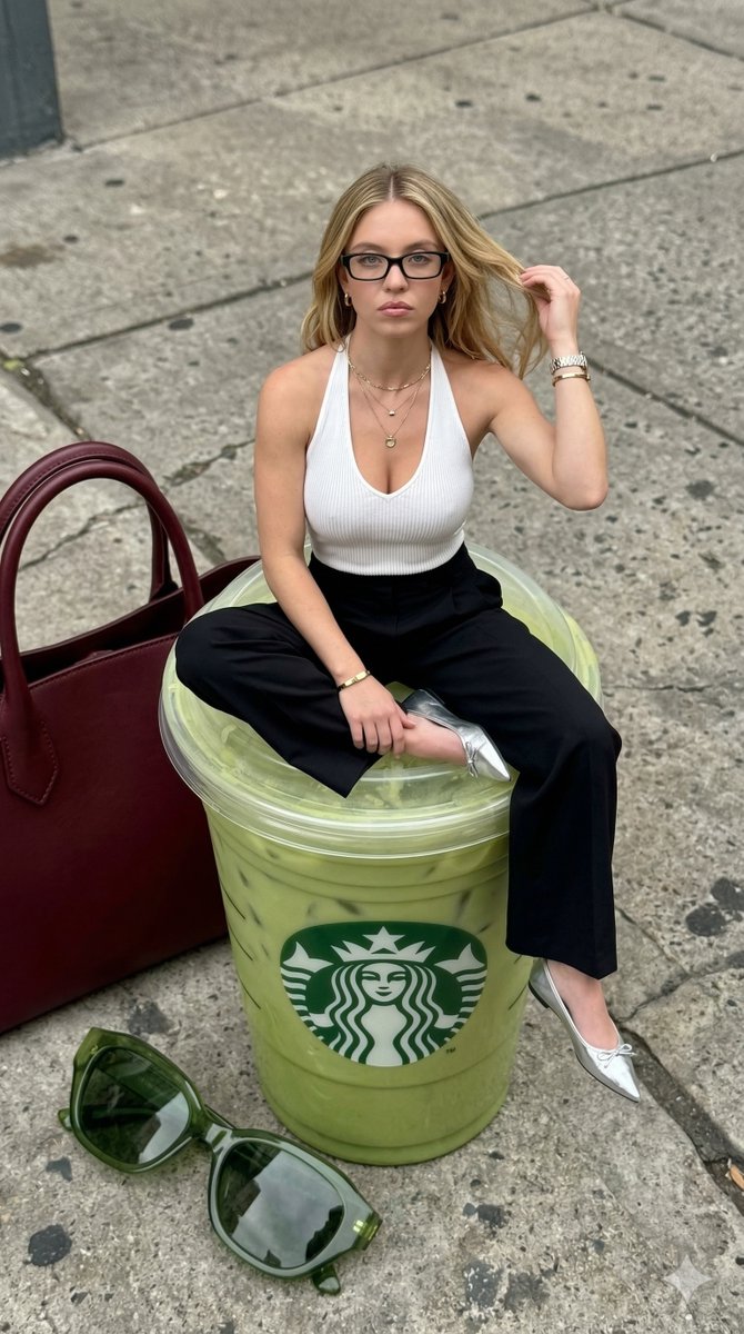 Surreal Miniature Photo On Giant Matcha Drink — Nano Banana Pro image prompt example