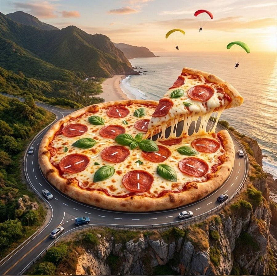 Surreal Pizza Landscapes And Cyberpunk Cars — Nano Banana Pro image prompt example