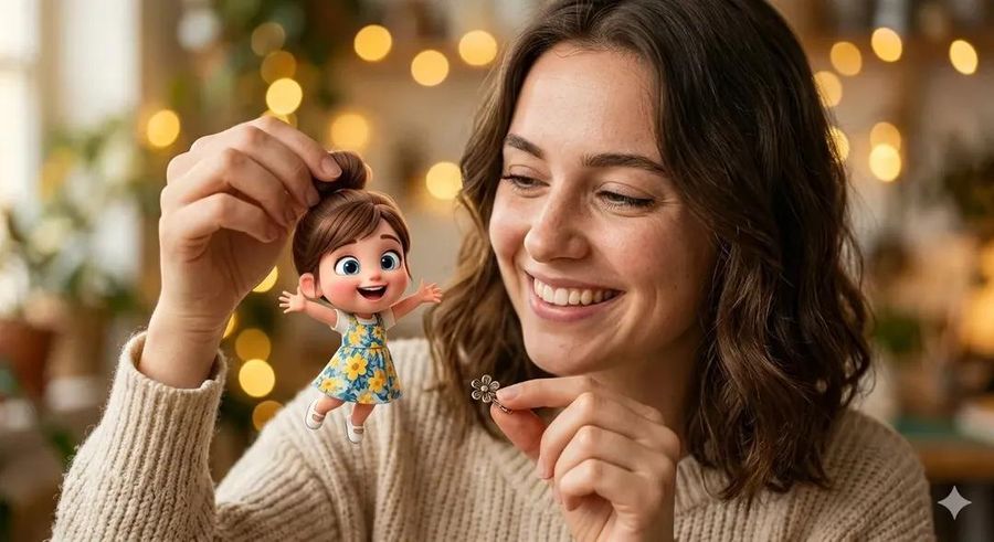 Surreal Portrait Woman Holding Tiny Cartoon Girl — generated with Nano Banana Pro
