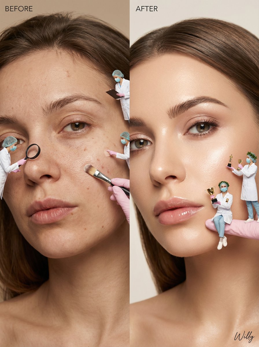 Surreal Skincare Beforeafter Editorial With Miniature Figures — Nano Banana Pro image prompt example