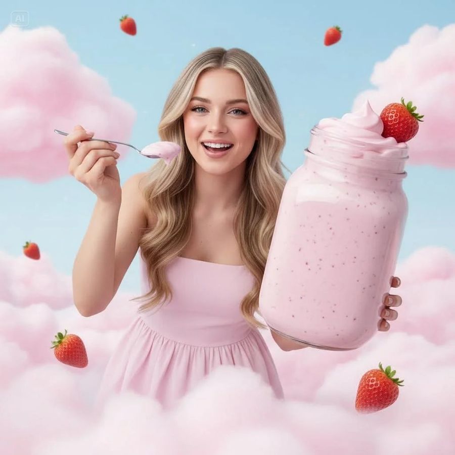 Surreal Strawberry Yogurt Commercial Scene — Nano Banana Pro image prompt example
