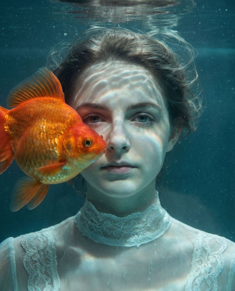 Surreal Submerged Aquarium Portrait — generated with Nano Banana Pro