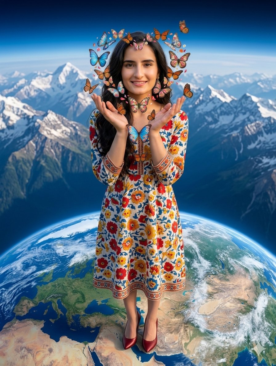 Surreal Woman Butterflies Globe Alps — Nano Banana Pro image prompt example