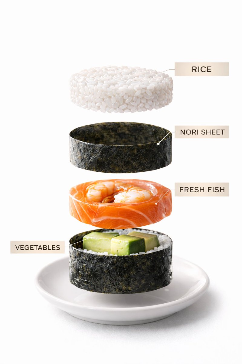 Sushi Commercial Photography And Exploded Diagram Prompt — Nano Banana Pro image prompt example