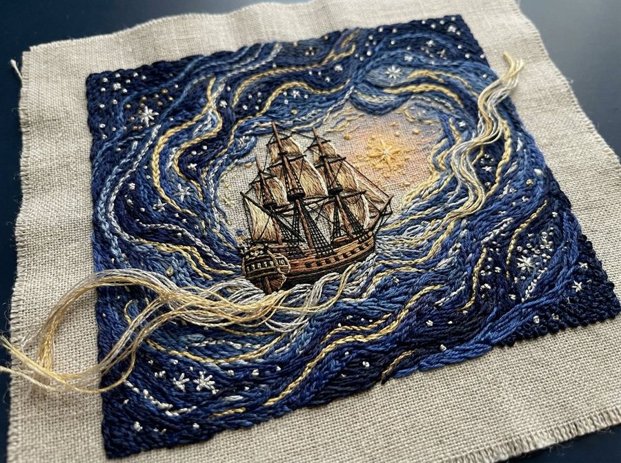 Tactile Embroidered Tapestry Of A Ship In Nebulae — Nano Banana Pro image prompt example