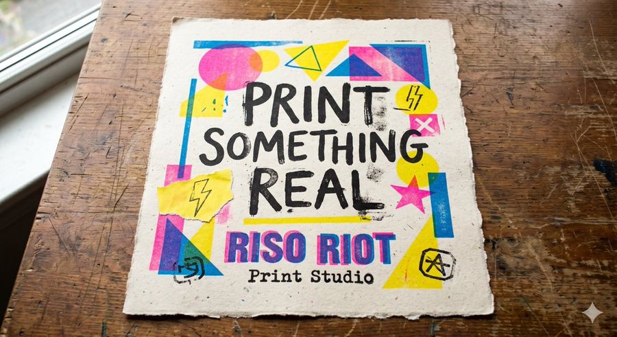 Tactile Risograph Studio Poster — Nano Banana Pro image prompt example