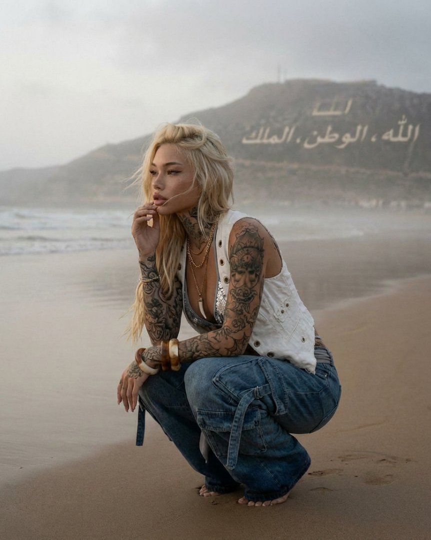 Tattooed Woman On Misty Beach Fashion Editorial — Nano Banana Pro image prompt example