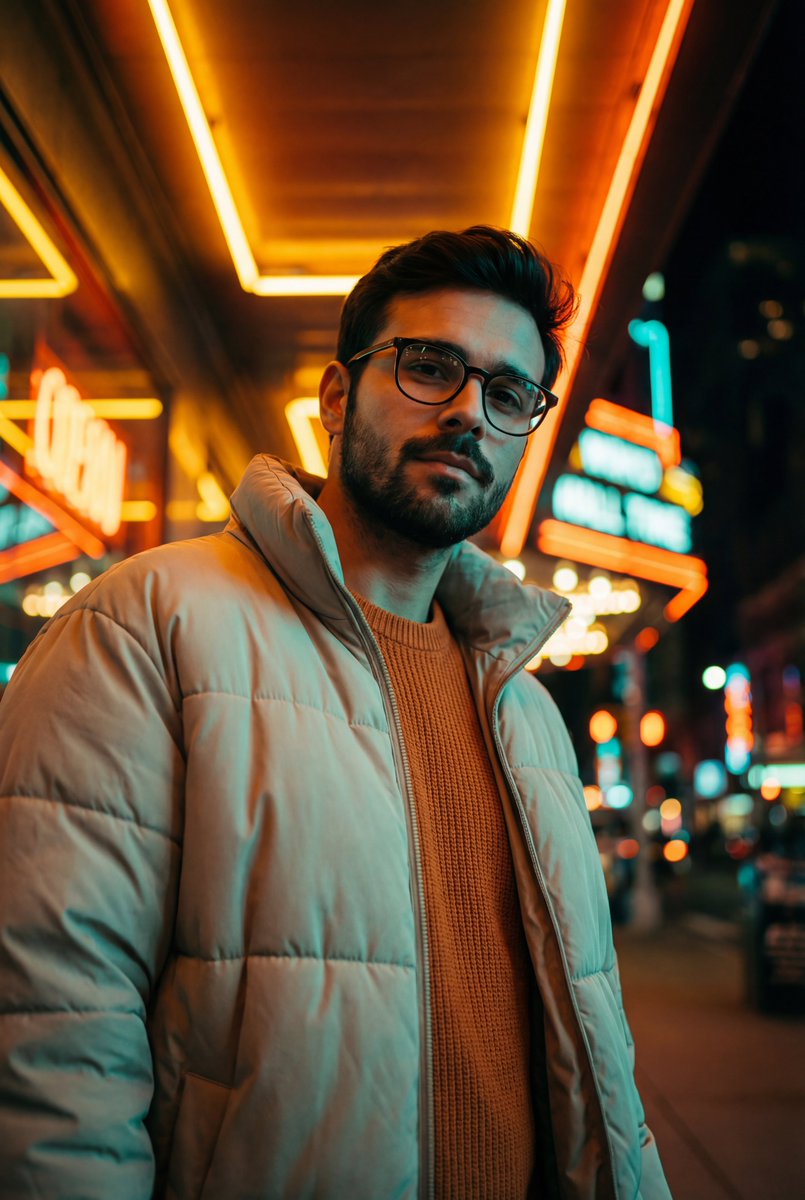 Teal And Orange Neon Urban Portrait — Nano Banana Pro image prompt example