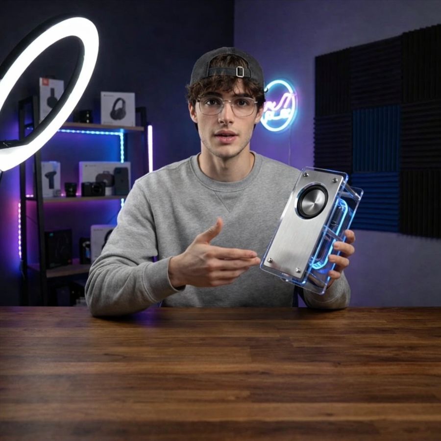 Tech Youtuber Demoing Bluetooth Speaker Video Prompt — Nano Banana Pro image prompt example