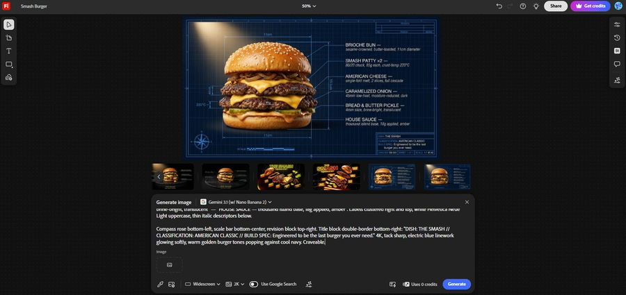 Technical Architectural Blueprint Of A Smash Burger — Nano Banana Pro image prompt example